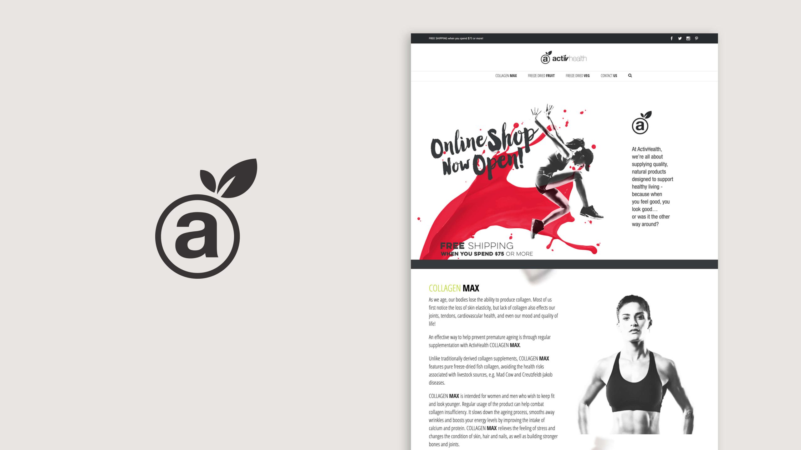 Activ Health logo and website promoting Collagen Max and free shipping offers.