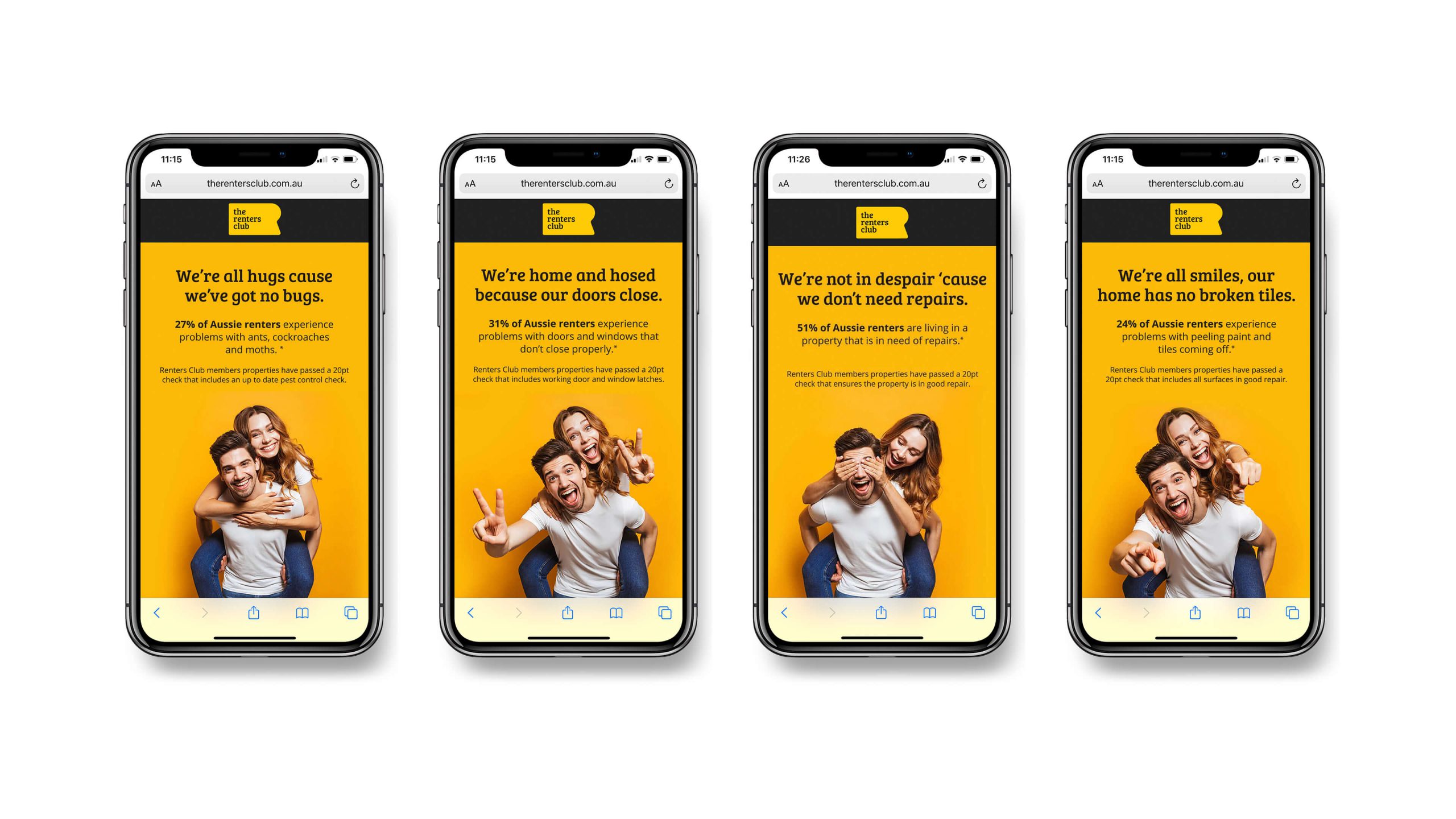 Four Renters Club mobile screens showcasing renter benefits with bold yellow visuals.