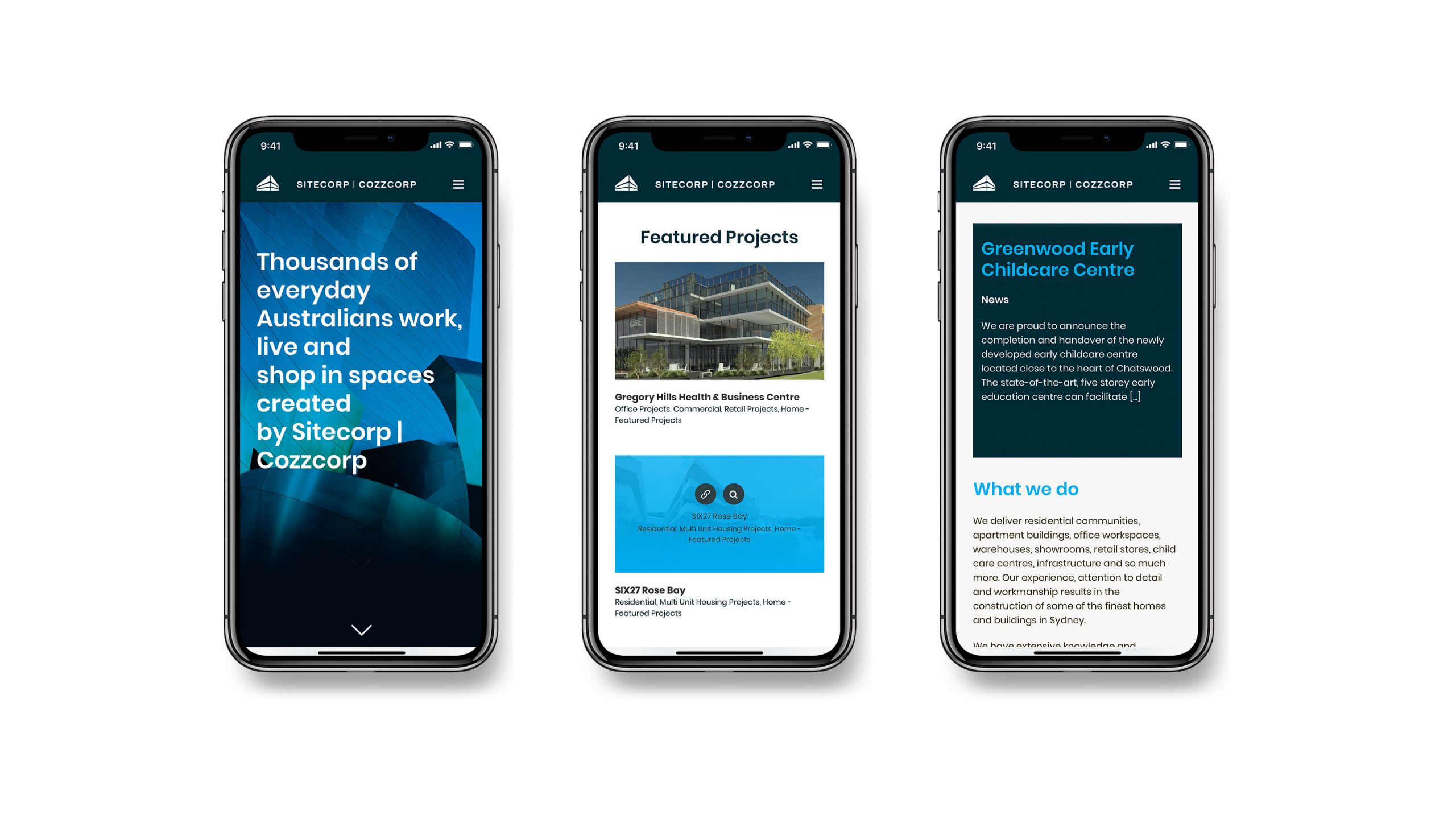 Three smartphones display the Sitecorp website, featuring projects and services.