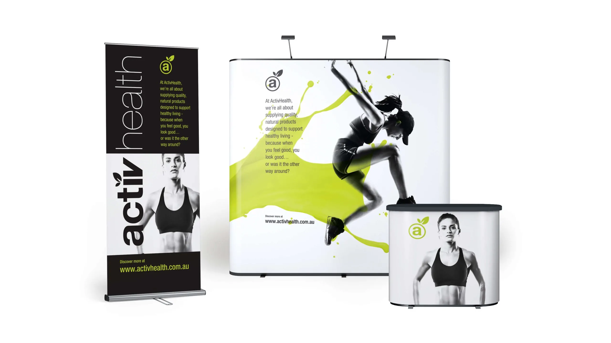 Activ Health banners with fitness imagery promoting healthy living and natural products.