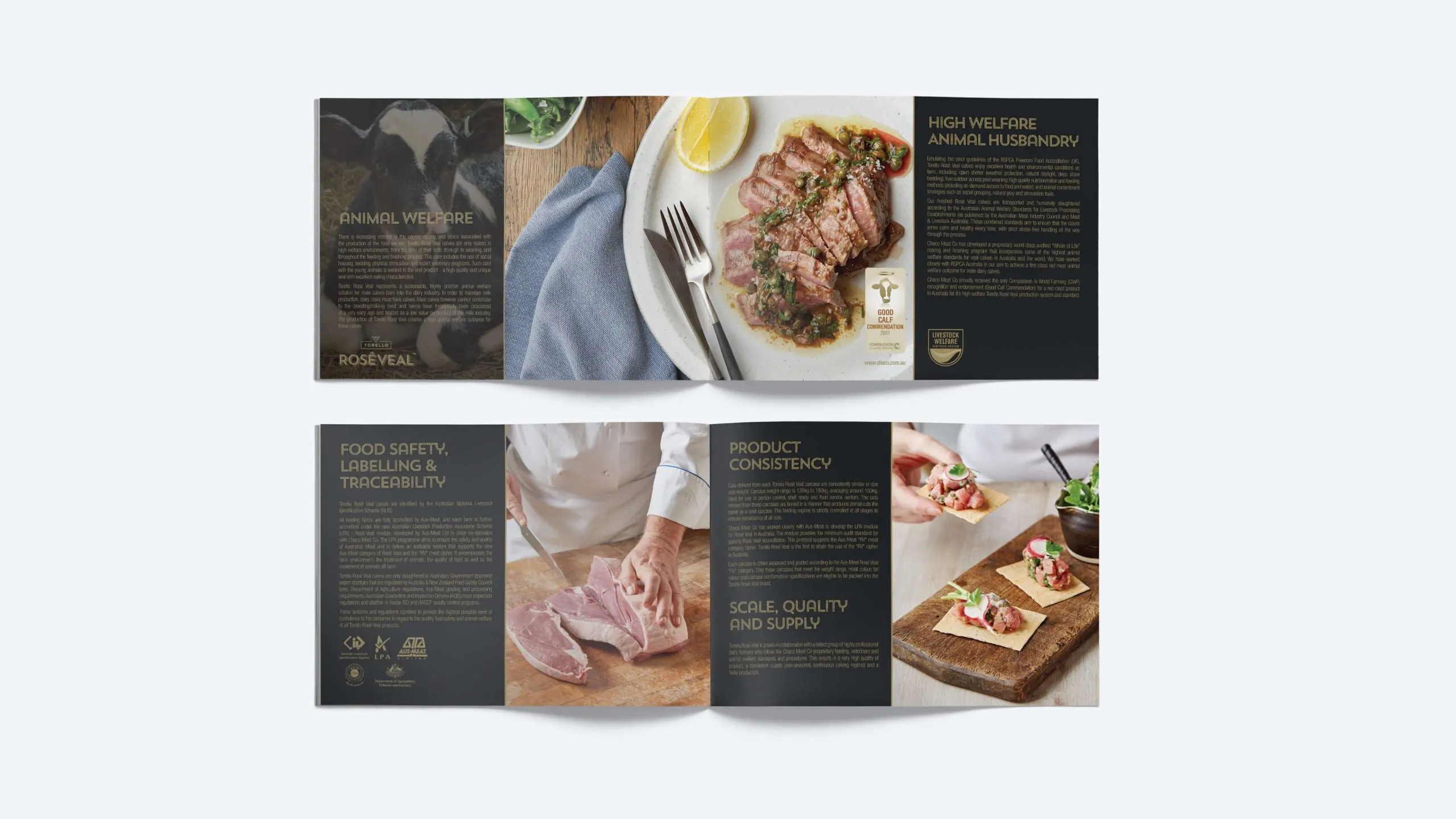 Brochure spread showcasing veal dishes, chef preparation, and text on animal welfare, food safety, and quality.