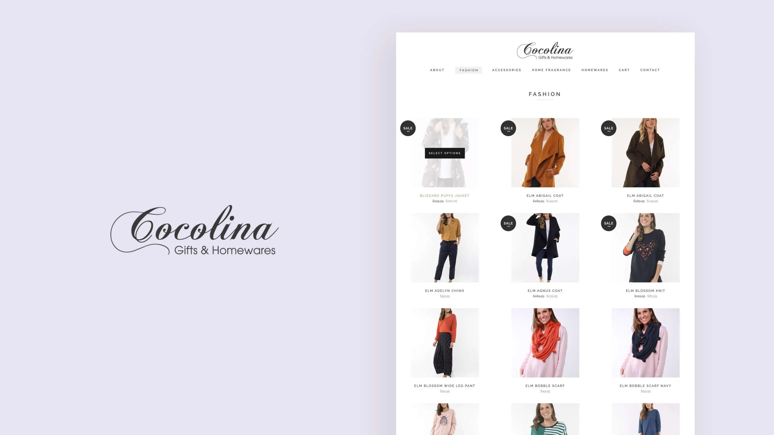 Website layout of Cocolina featuring various fashion items on sale.