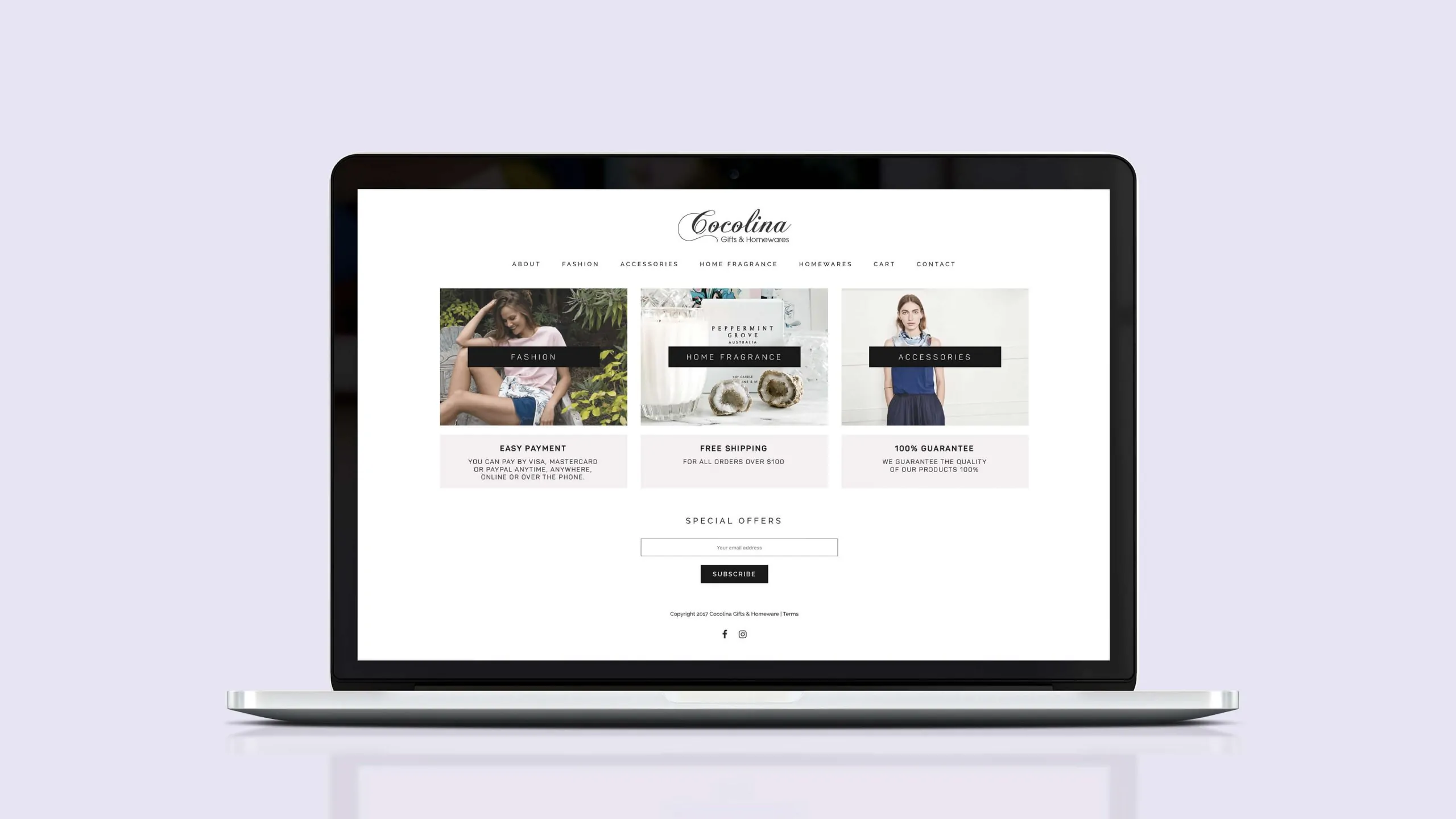 Mockup of Cocolina's website homepage featuring fashion, home fragrance, and accessories.