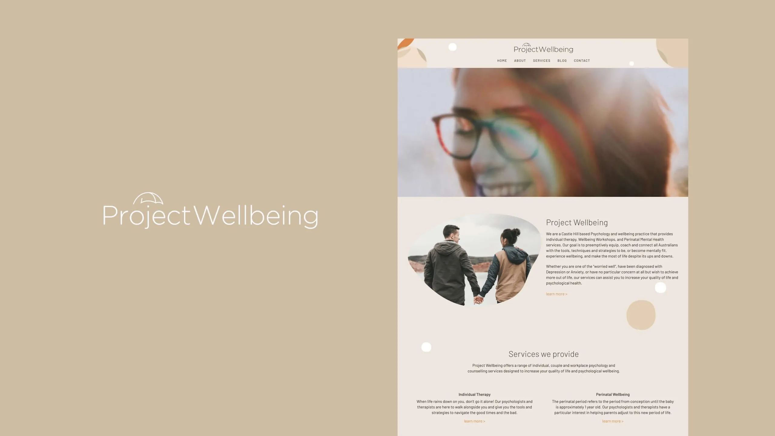 Project Wellbeing homepage featuring smiling individuals and counseling services.