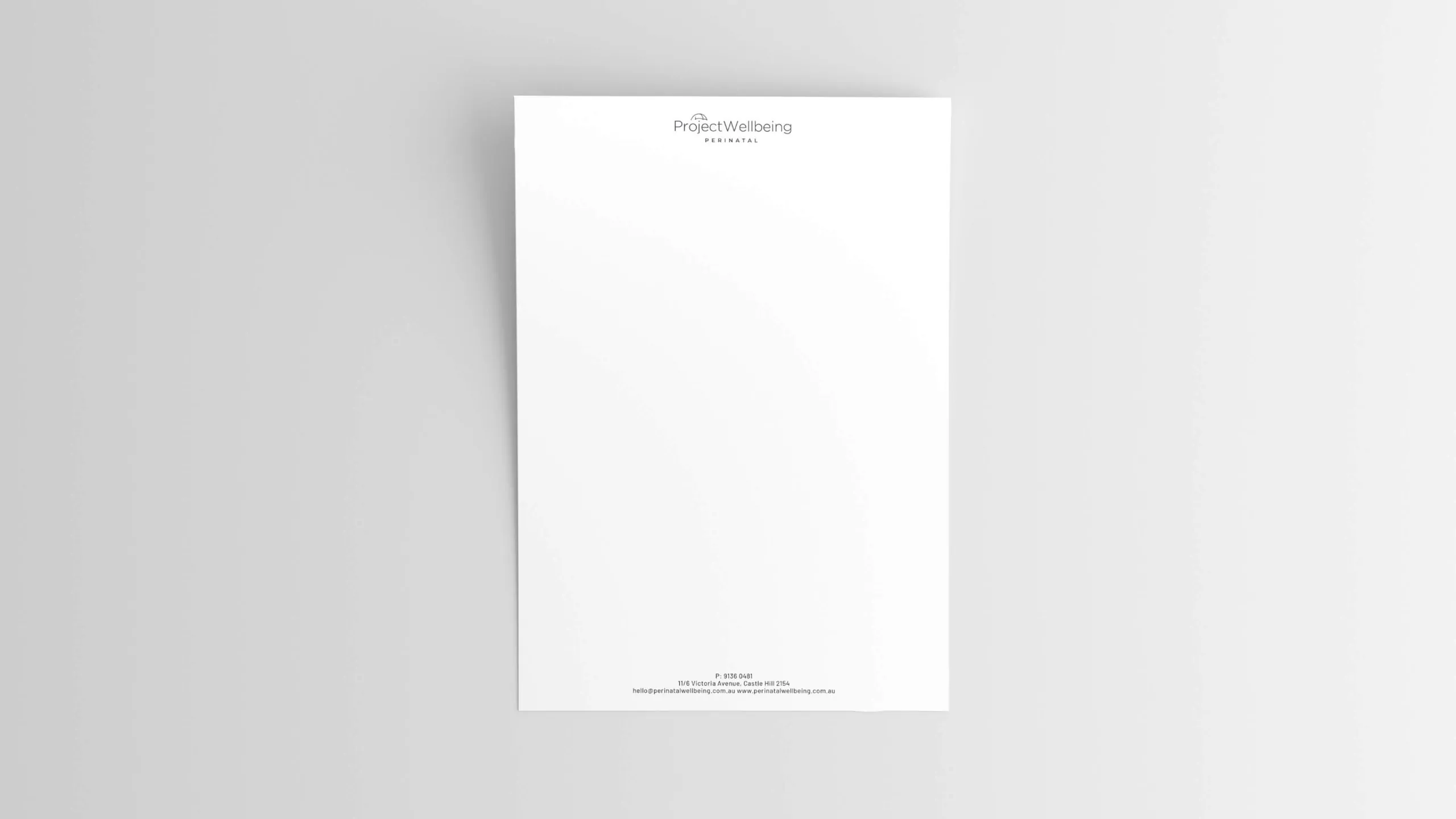 Minimal white letterhead with "Project Wellbeing Perinatal" logo at the top.