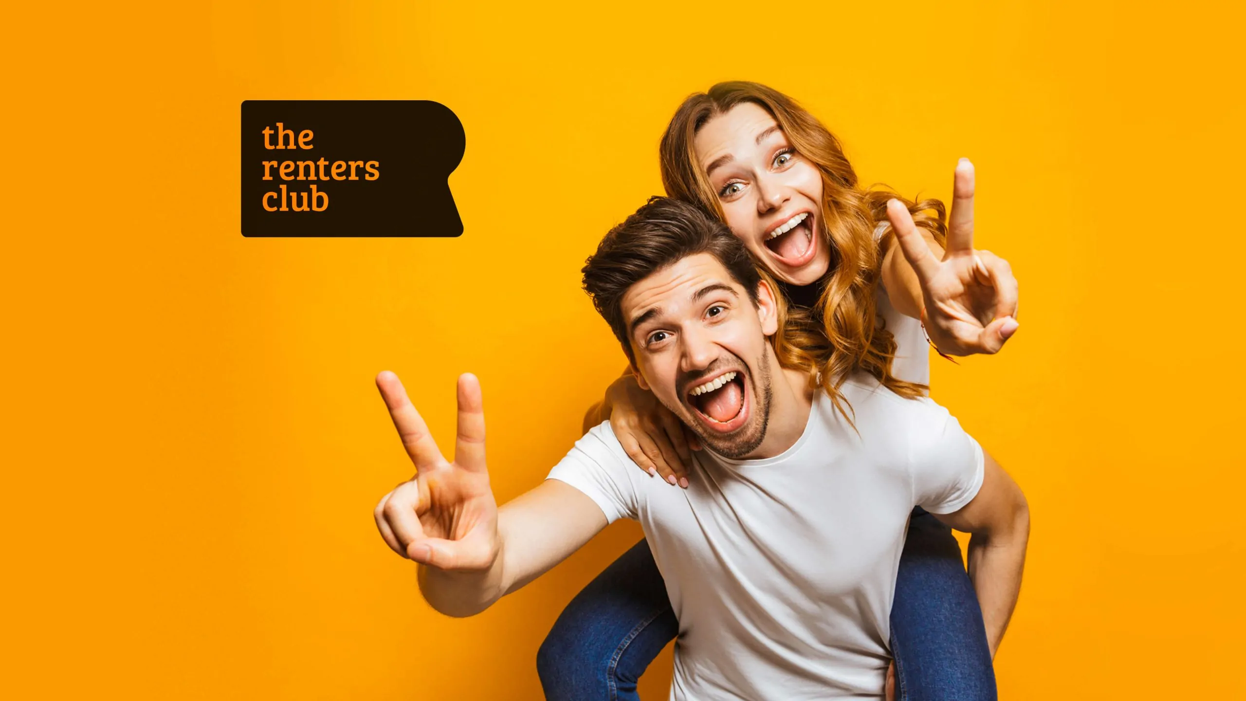 Smiling couple making peace signs with 'The Renters Club' logo on a yellow background.