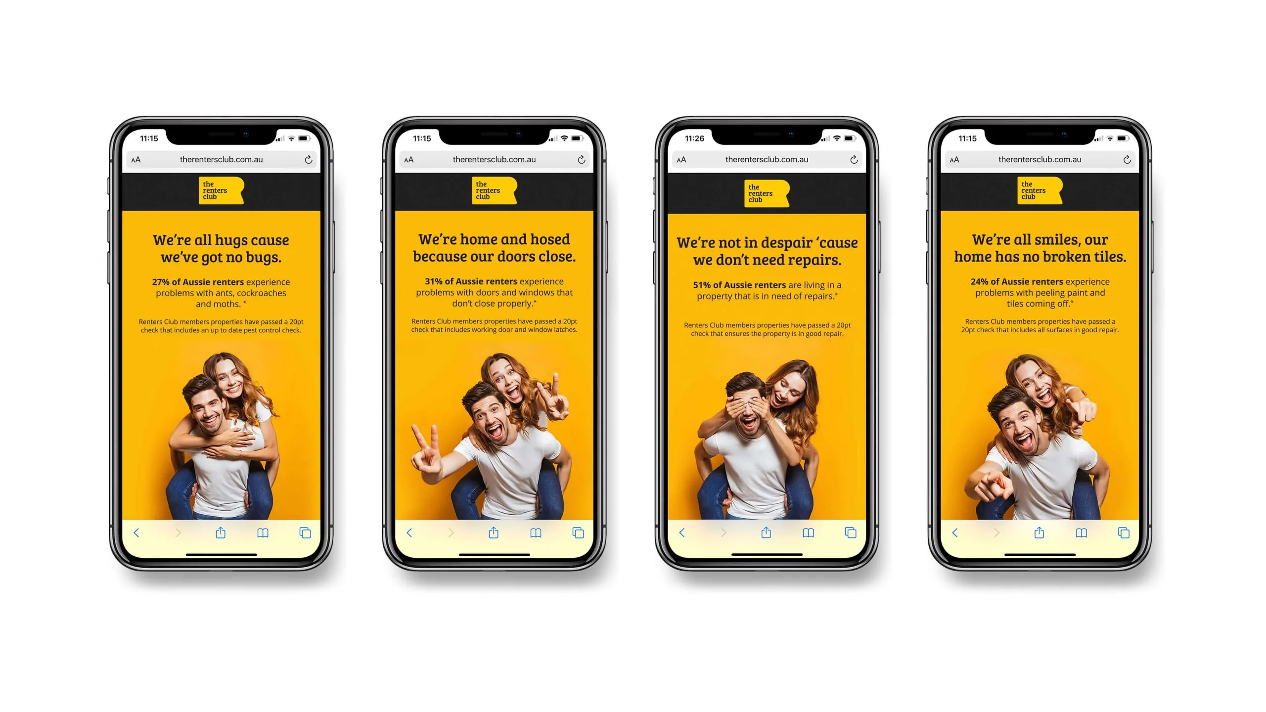 Four Renters Club mobile screens showcasing renter benefits with bold yellow visuals.