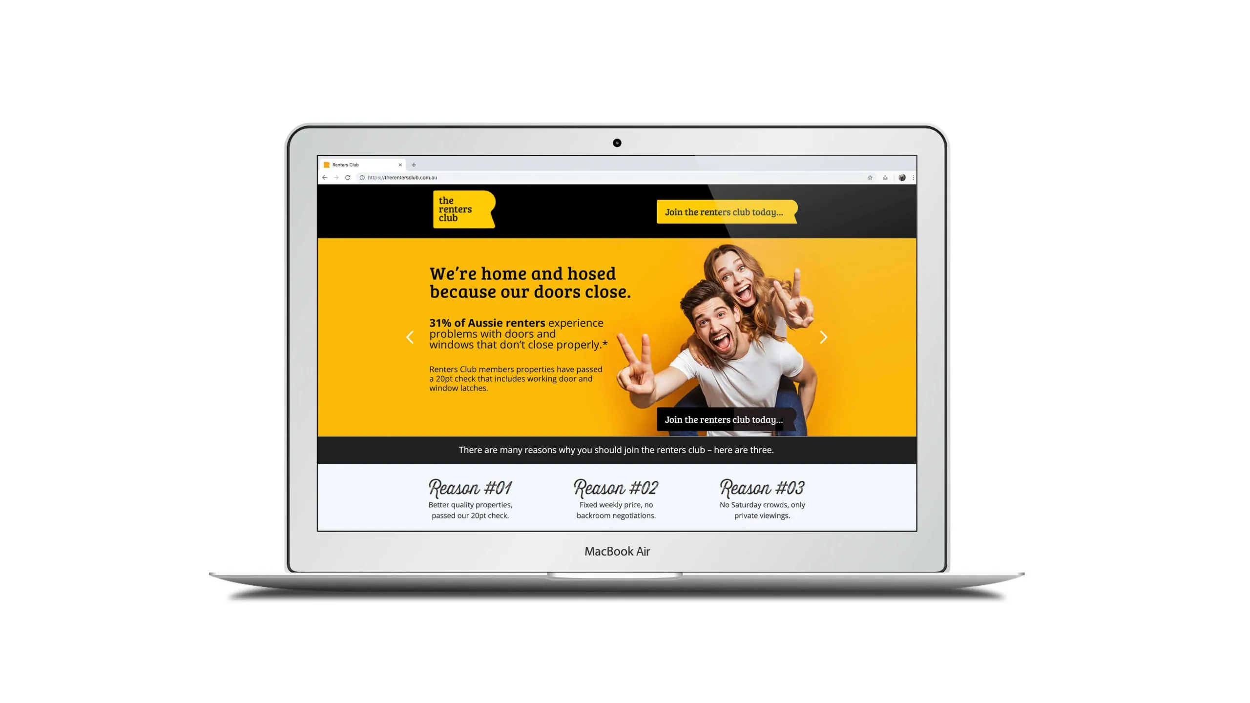 Renters Club website on a laptop, highlighting renter benefits with a bold yellow design.