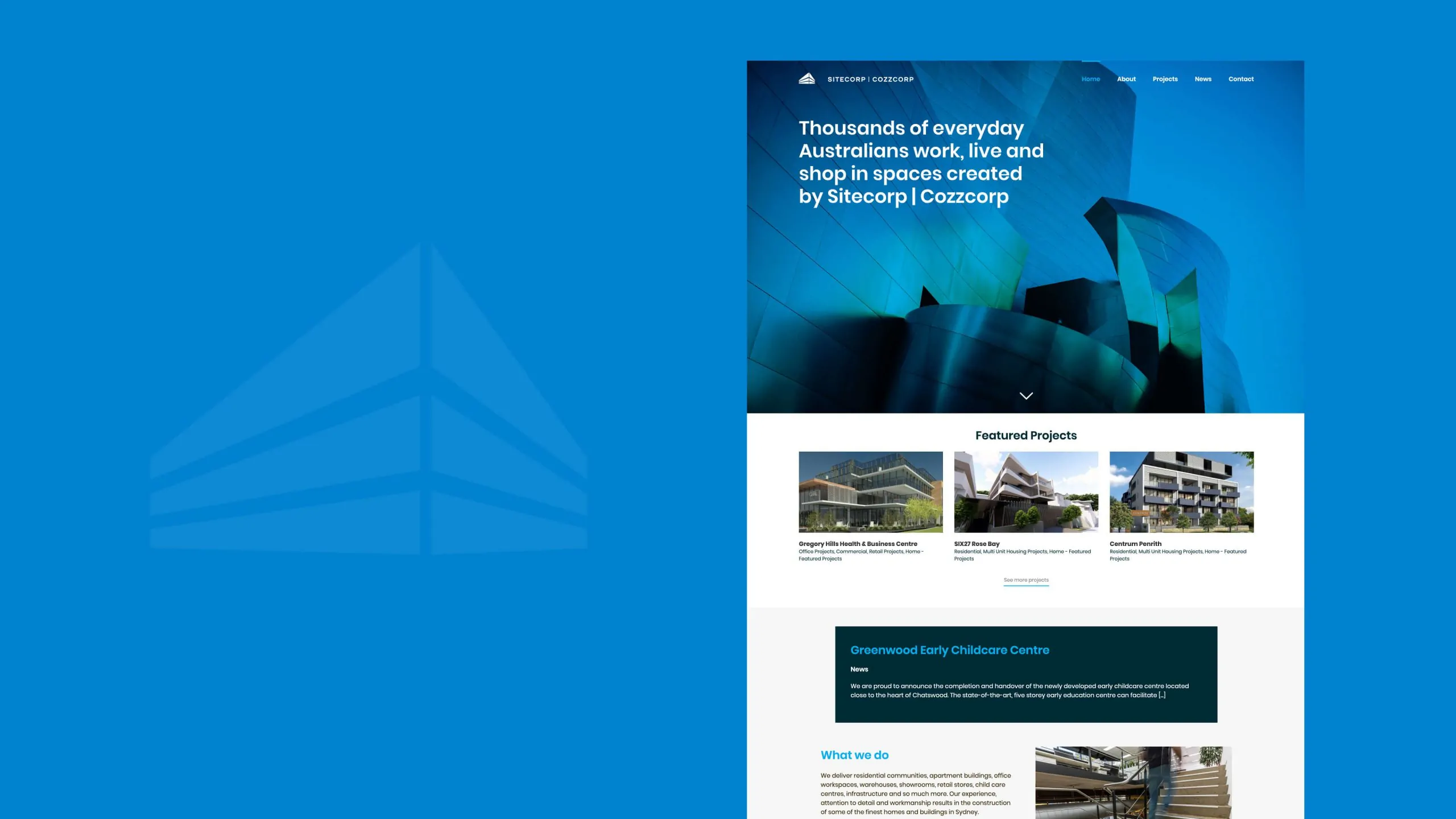 Sitecorp website homepage featuring projects, company information, and a blue theme.