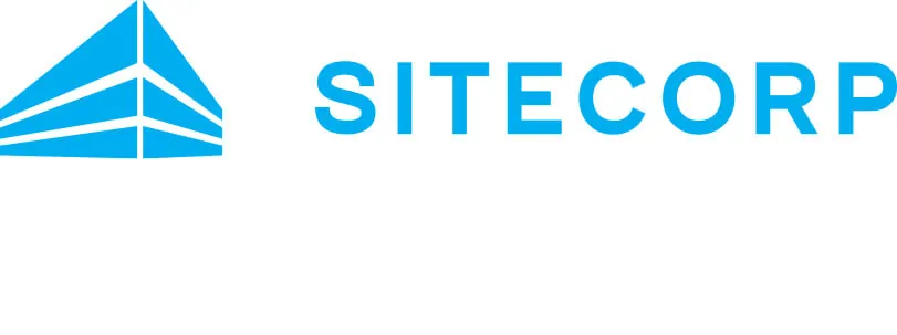 Sitecorp logo with a blue geometric pyramid icon and the word "SITECORP" in bold blue text.