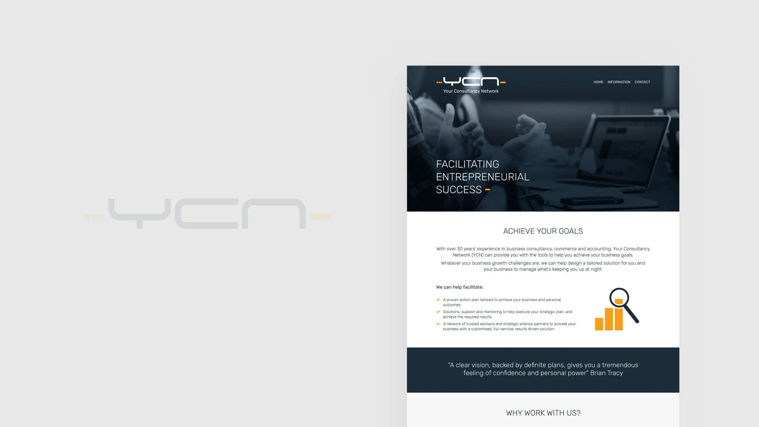 YCN webpage design featuring tagline, goals, and services with dark navy accents.