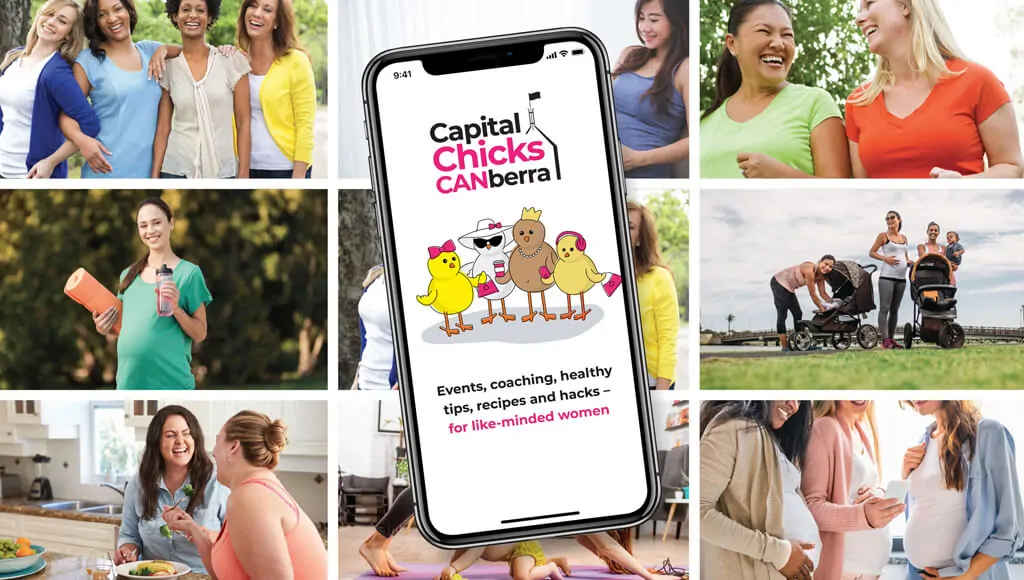 Collage of women and a phone displaying Capital Chicks Canberra.